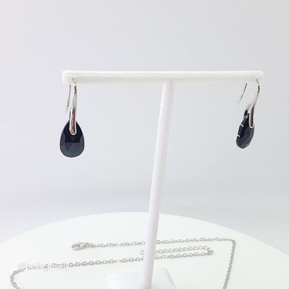 Faceted Teardrop Black Onyx Drop Dangle Earrings and Necklace Jewelry Set - Picture 5 of 7